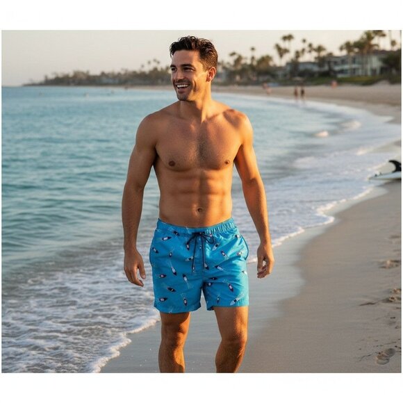 George Mens Swim Shorts Summer Speed Boat Print Blue Large (36-38) Elastic Waist - Picture 4 of 10